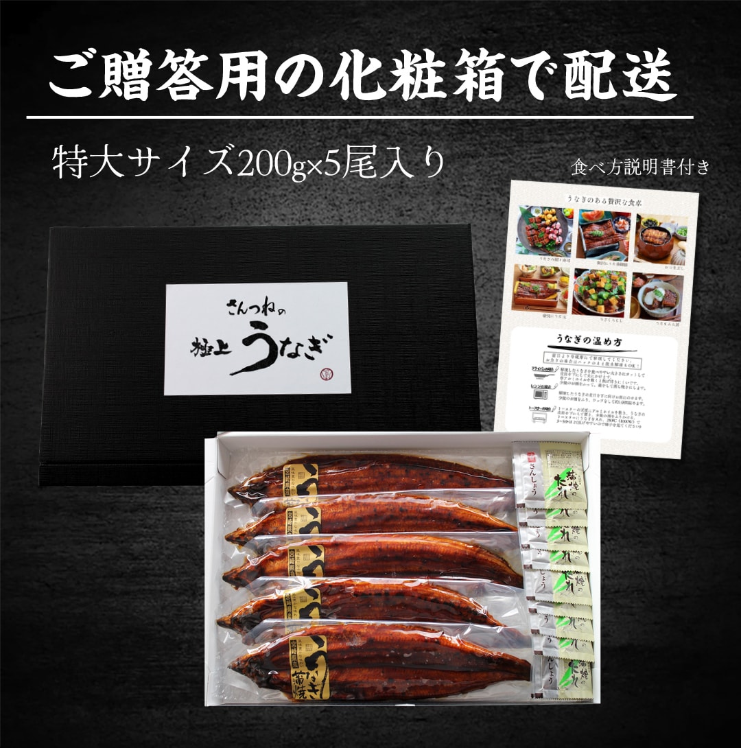 ご贈答用化粧箱入り 特大うなぎ200g×10尾入り 食べ方説明書付き
